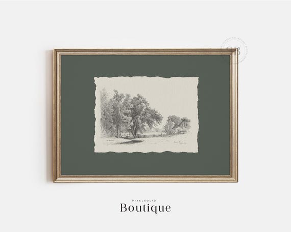 Rustic Farmhouse Landscape Sketch Country Tree Drawing Print Black White Wall Art Nature Scene Vintage Style No798