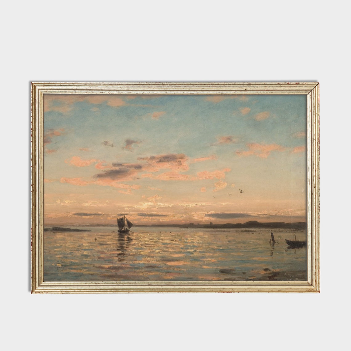 Sailboat at Sunset on Calm Water with Pink Clouds Seascape Poster - Image 2