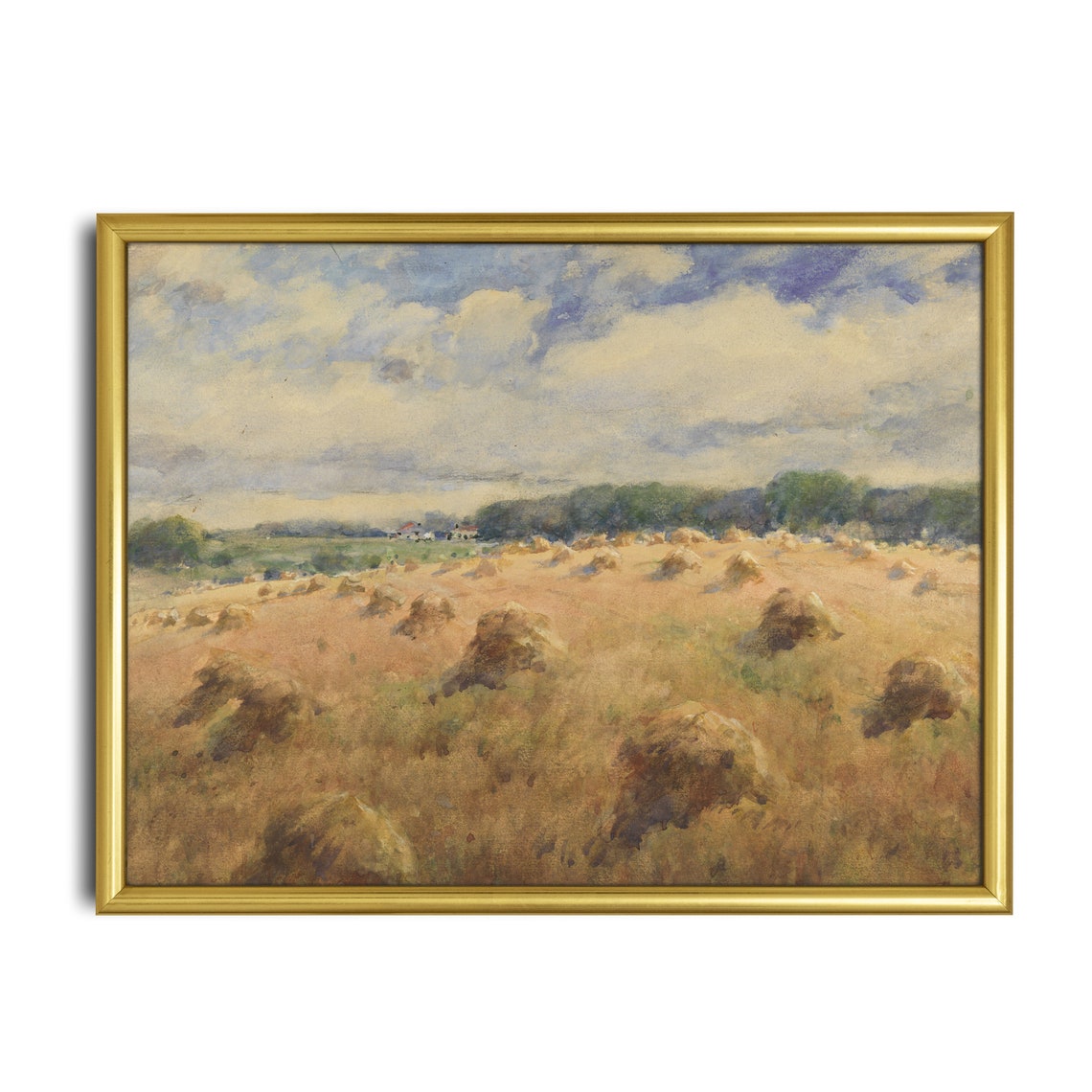 Harvest Field With Haystacks Under a Cloudy Sky Landscape Poster - Image 2