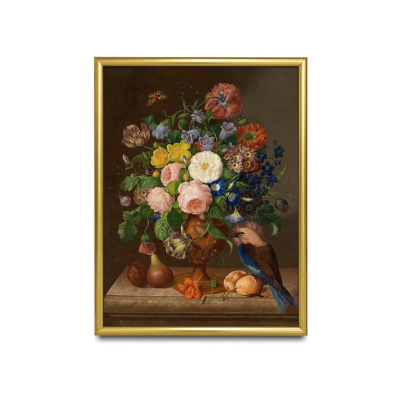 Vintage Still Life With Flowers Antique Floral Painting Moody Rustic Print Wall Art Farmhouse Decor