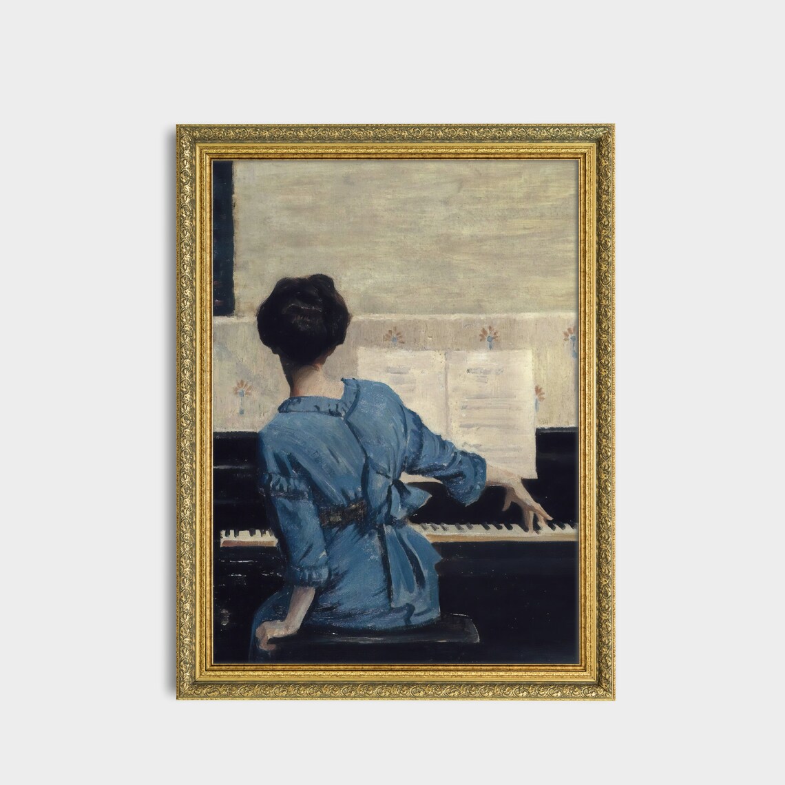 Vintage Woman in Blue Dress Playing Piano Seen From Behind Antique Poster - Image 3
