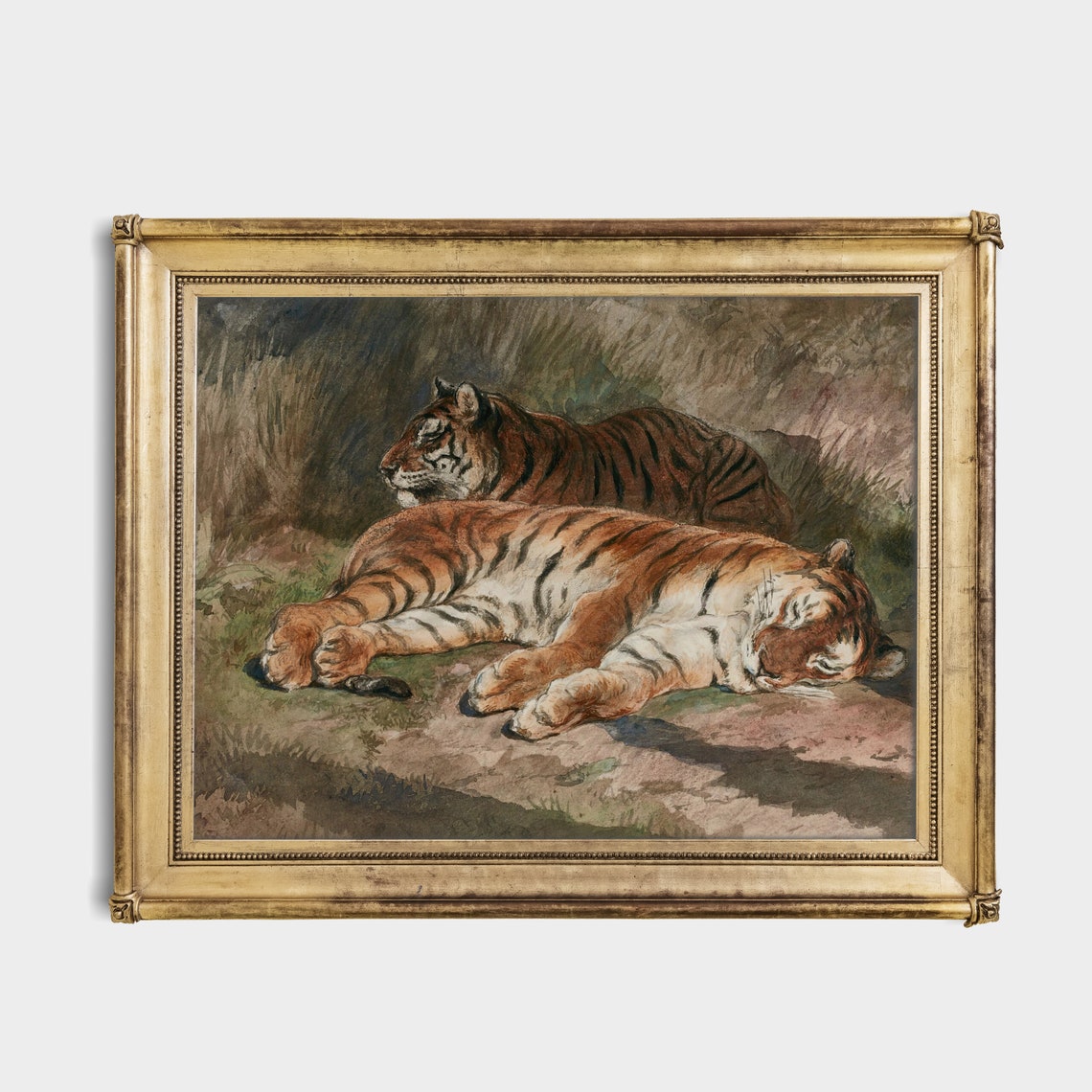 Two Tigers at Rest in the Warm Sun-Dappled Jungle Grass Poster - Image 2