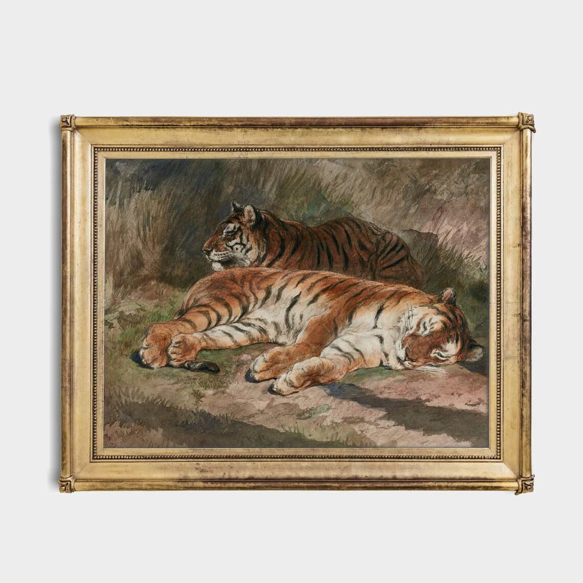 Two Tigers Resting in Tall Grass Dark Moody Watercolor Poster - Image 2