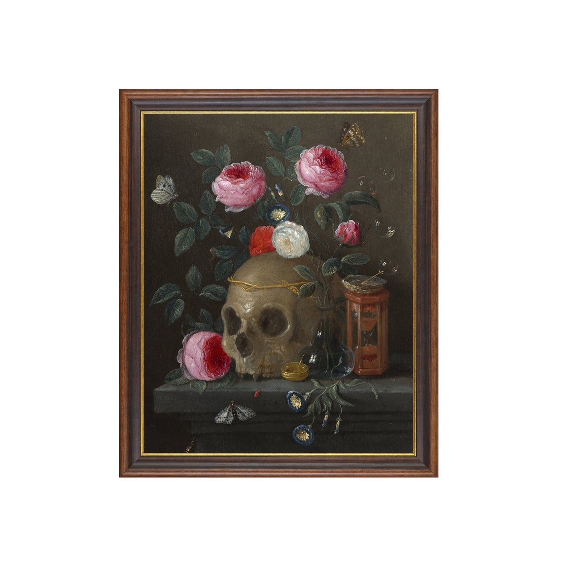 Vanitas Still Life with Skull Pink Roses and Hourglass Poster - Image 2