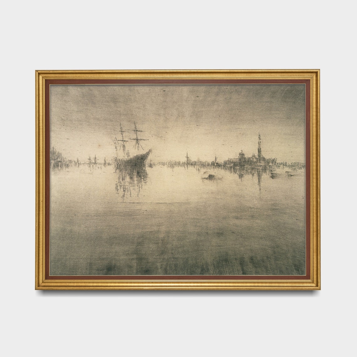 Sepia Misty Harbor with Tall Ship Antique Tonalist Nocturne Print - Image 5