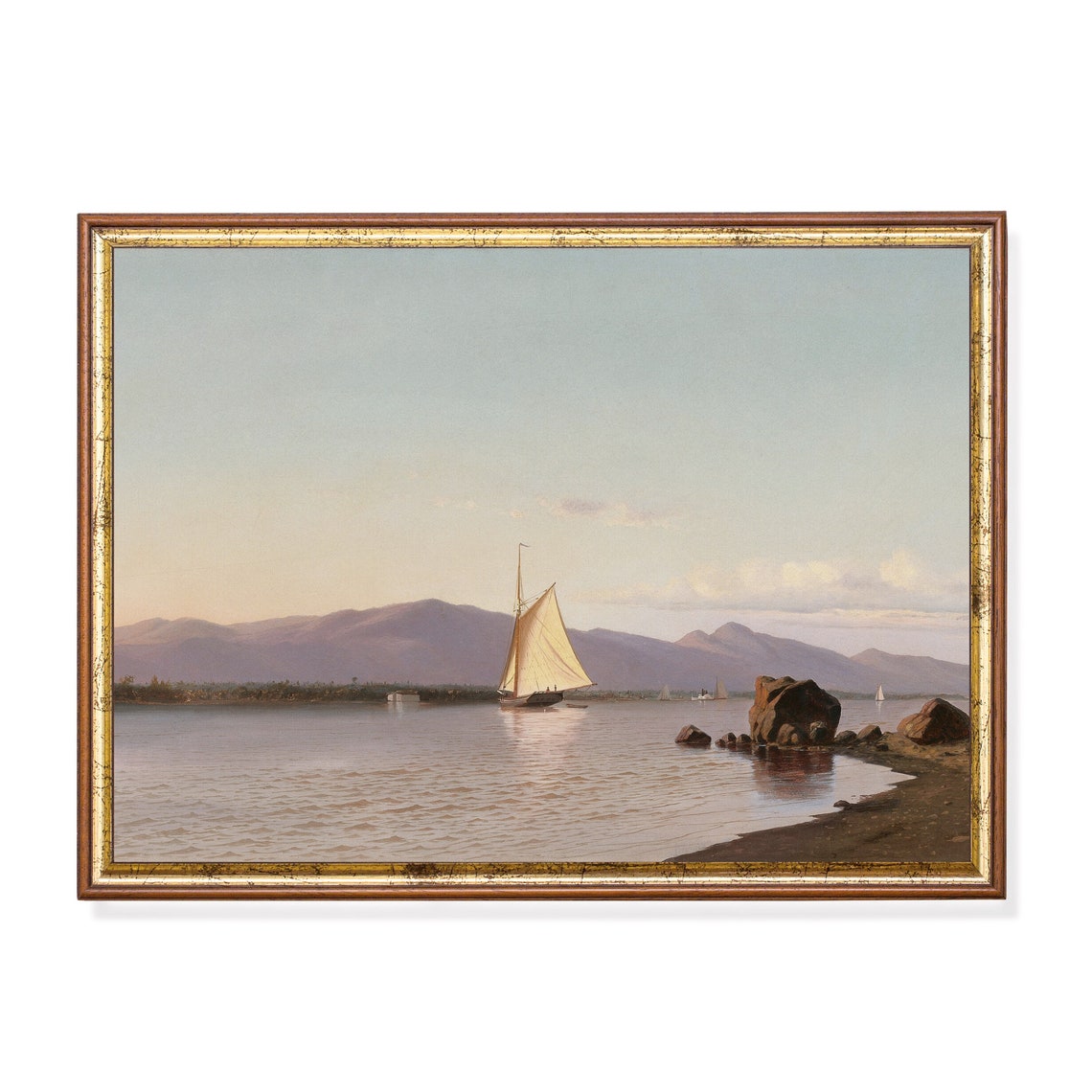 Lone Sailboat at Dusk on Still Water With Purple Mountains Poster