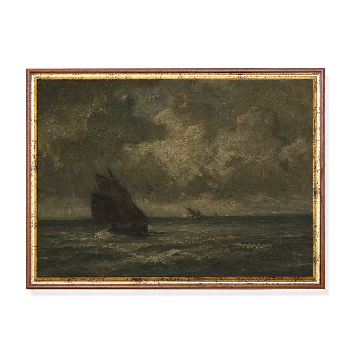 Moody Sailboat Oil Painting, Vintage Seascape Art