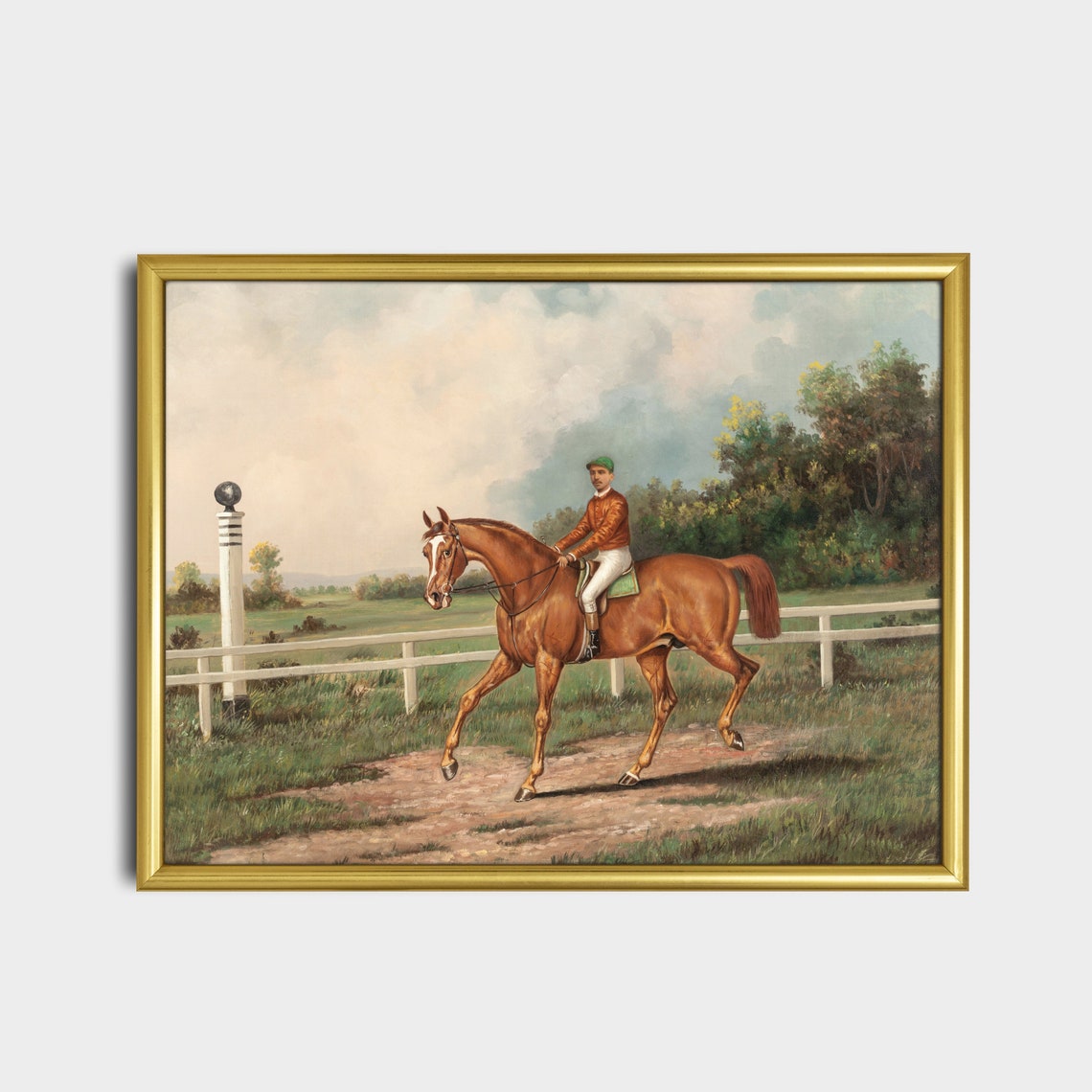 Jockey Riding a Chestnut Racehorse on a Country Track Poster - Image 2