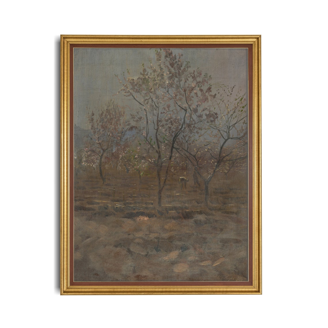 Plowed Field with Blossoming Trees Grey Sky Vintage Landscape Poster - Image 2