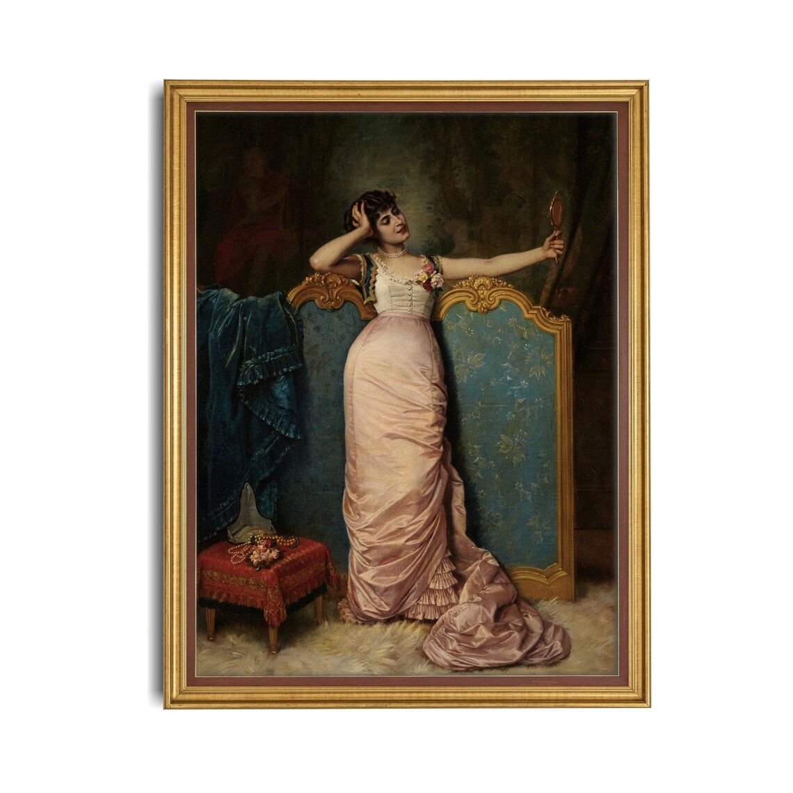 Elegant Woman Holding a Hand Mirror in a Pink Silk Gown Poster - Image 4