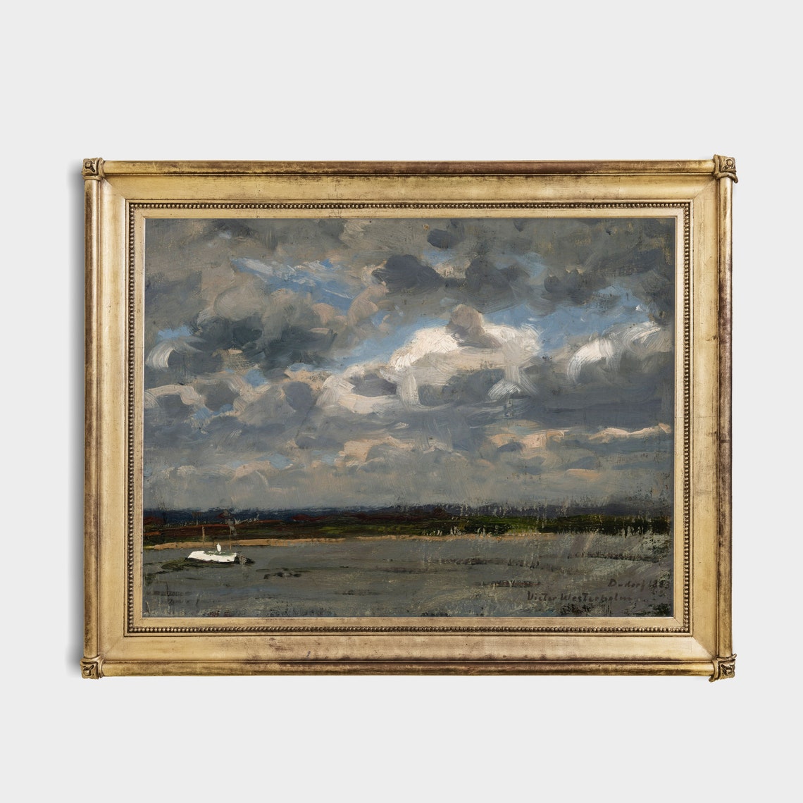 Dramatic Stormy Sky Over Water Painting Moody Clouds Wall Art - Image 3