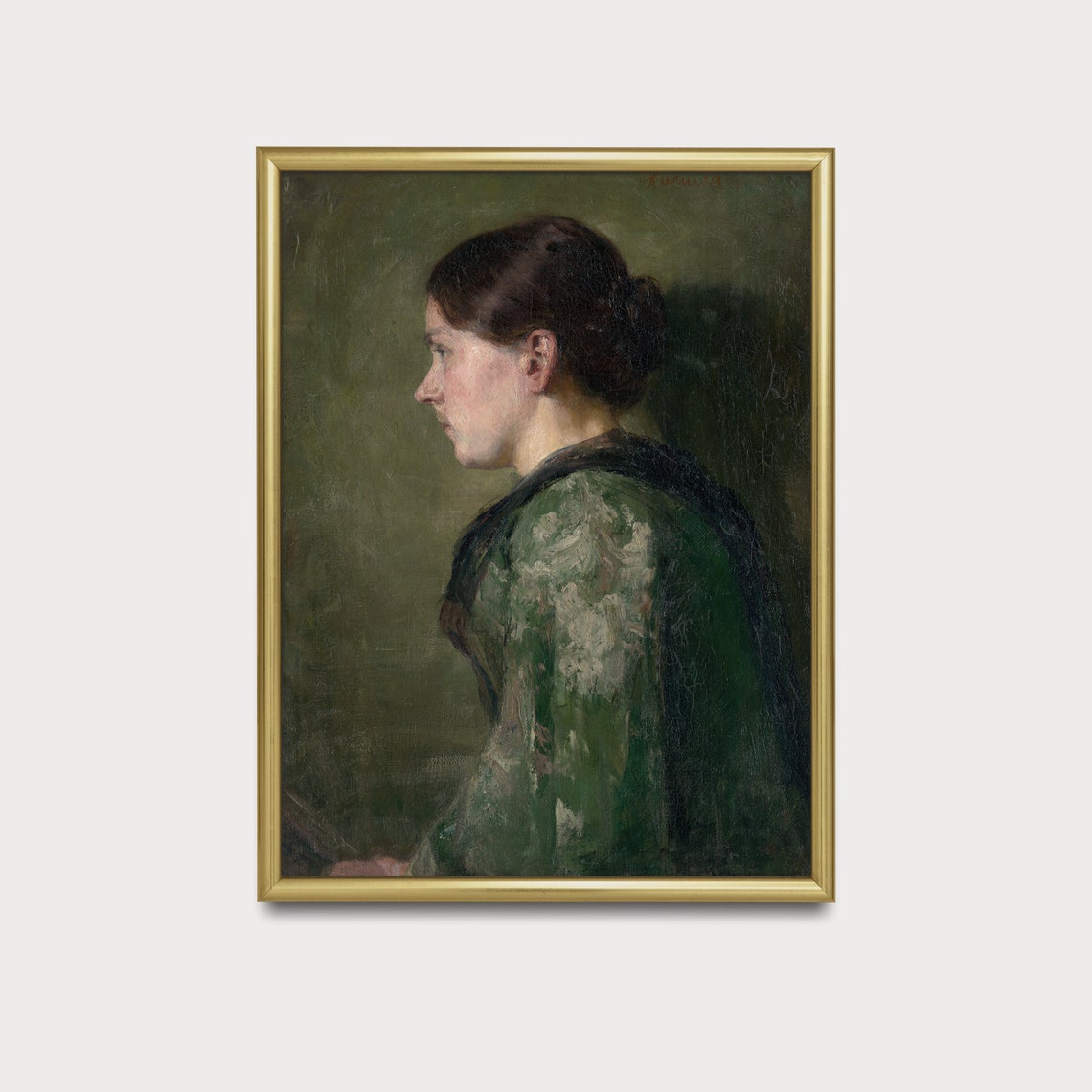 Contemplative Woman in Green Shawl Profile Antique Portrait Poster - Image 5