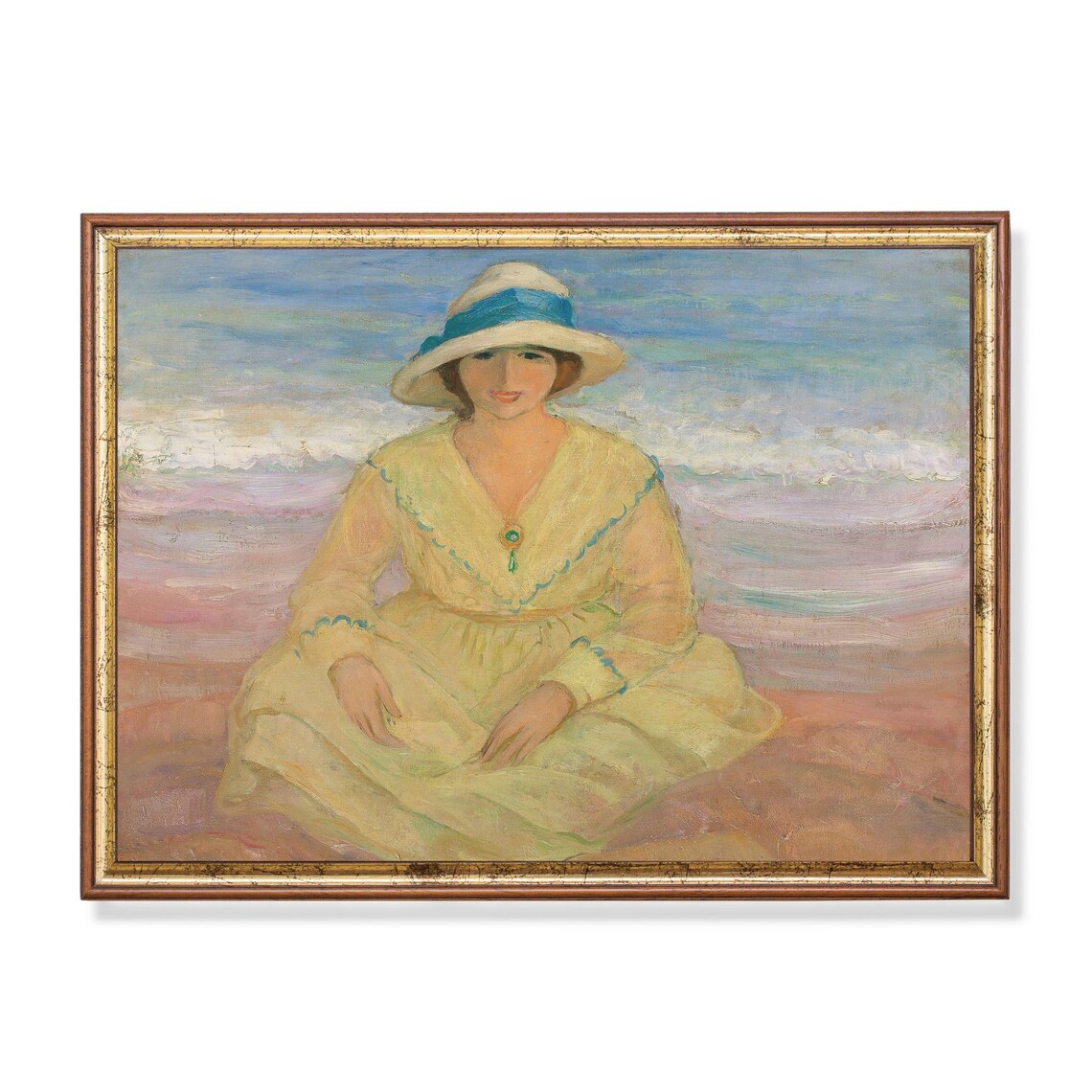 Woman White Sunhat Yellow Dress Sitting Beach Impressionist Art Poster