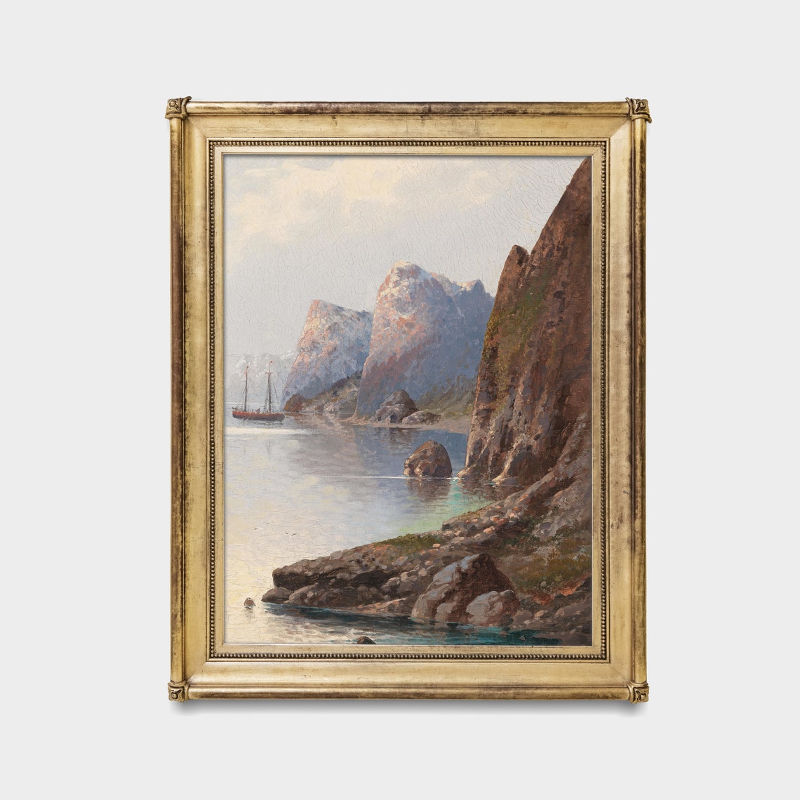 Sailboat on Still Waters Beneath Towering Rocky Cliffs Poster - Image 2