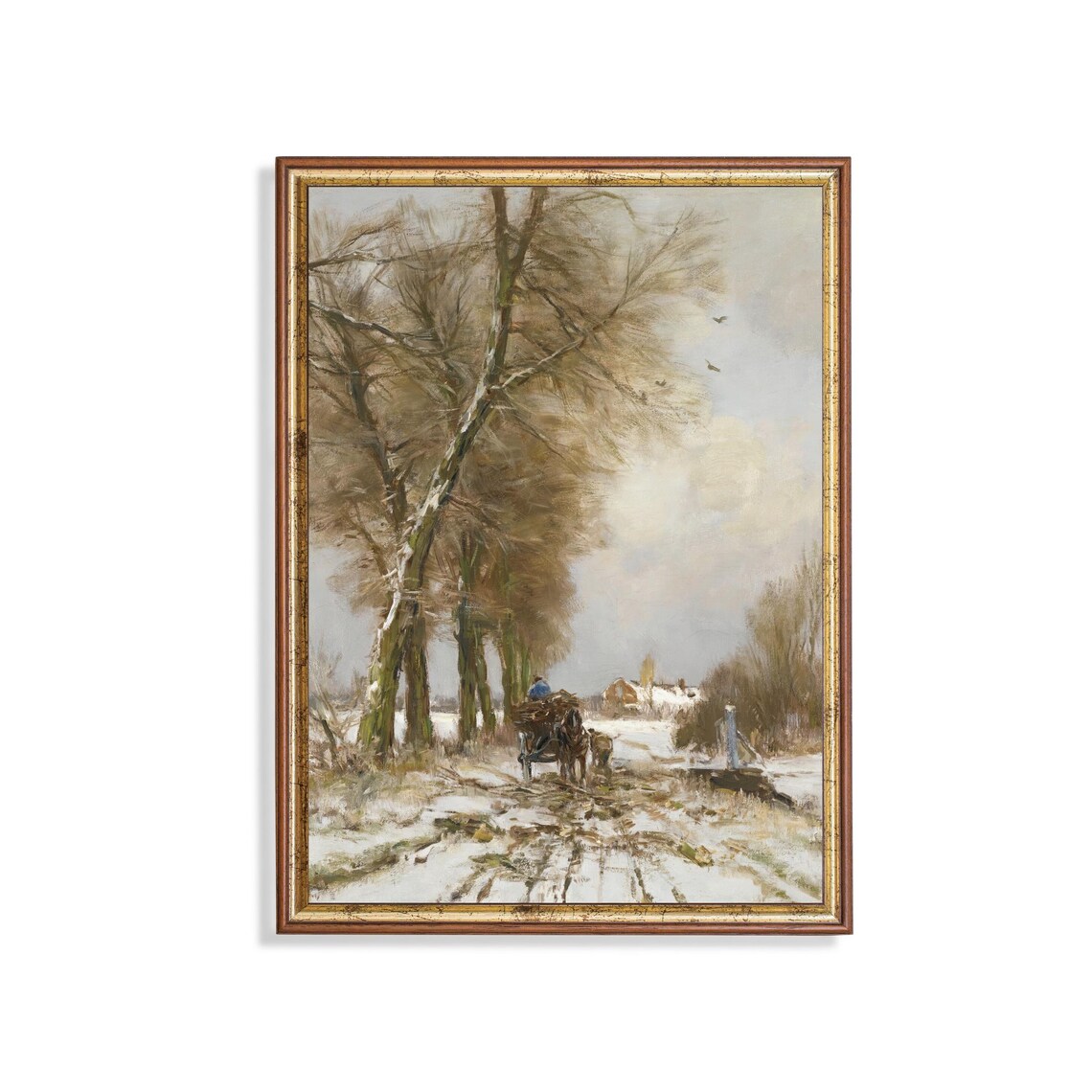 Horse Cart on a Snowy Country Lane Vintage Winter Farm Scene Poster