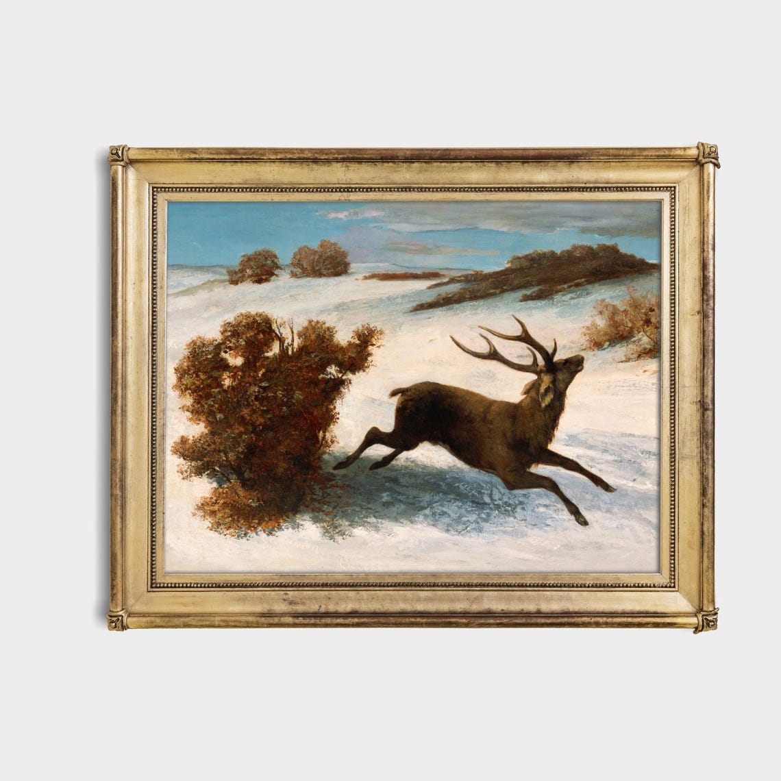 Stag Running Through the Snowy Moor at Dawn Vintage Wildlife Poster - Image 4