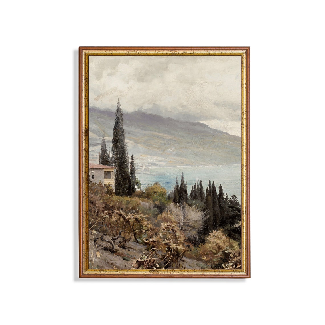 Italian Hillside Villa with Cypress Trees Overlooking the Sea Poster