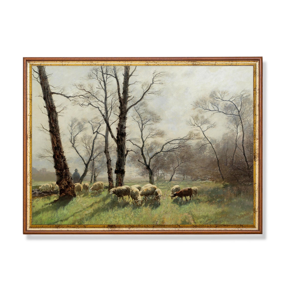 Shepherd Tending His Flock of Sheep in a Green Meadow Wall Art