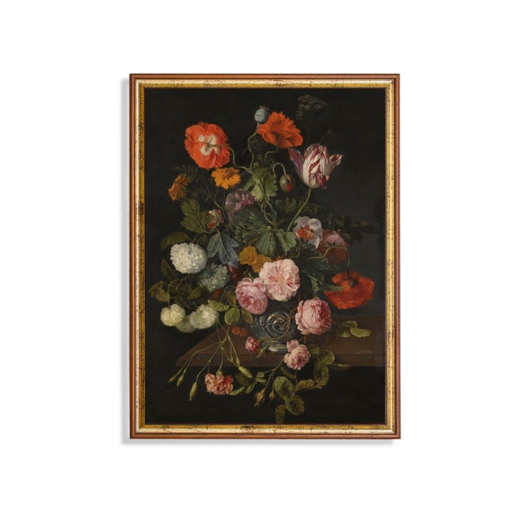 Vintage Still Life With Flowers Antique Floral Painting Moody Rustic Print Wall Art Farmhouse Decor