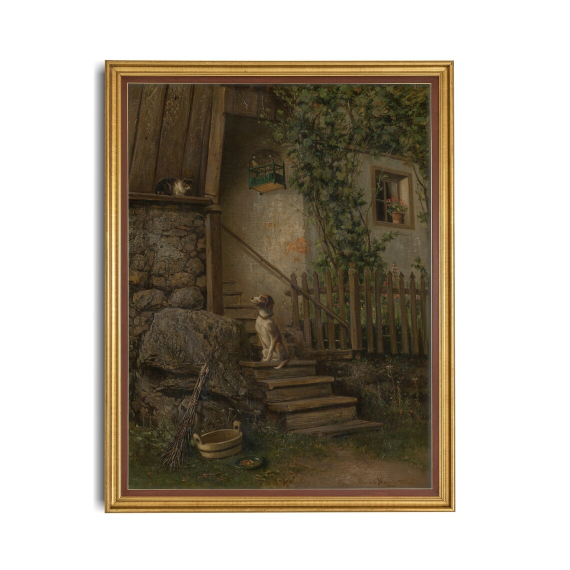 Dog and Cat on Rustic Cottage Steps Vintage Animal Painting Poster - Image 4