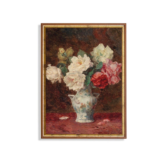 Vintage Still Life With Flowers Antique Floral Painting Moody Rustic Print Wall Art Farmhouse Decor