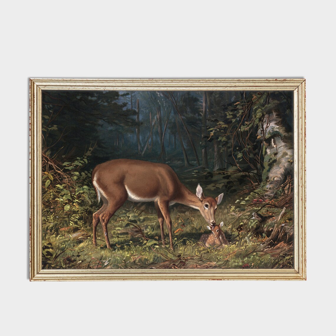 Doe and Fawn in a Moonlit Forest Antique Deer Painting Poster - Image 2