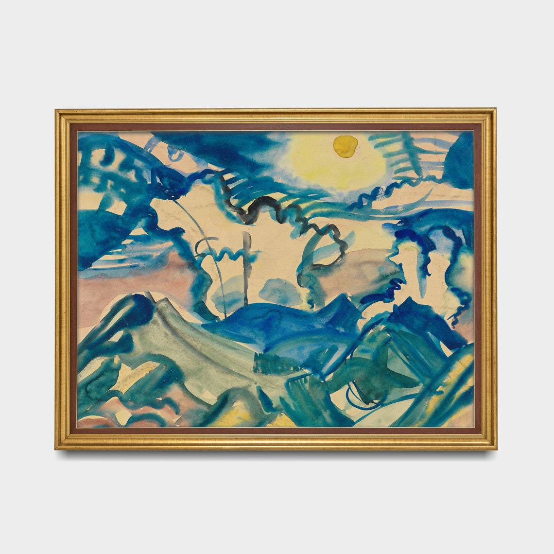 Abstract Blue Wave Watercolor With a Yellow Sun Modern Art Poster - Image 3