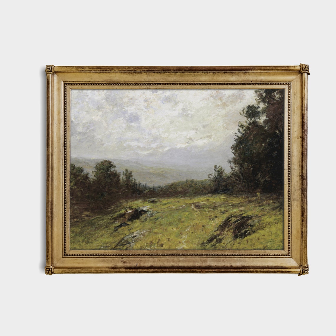 Misty Green Valley Under Cloudy Sky Impressionist Landscape Oil Print - Image 3