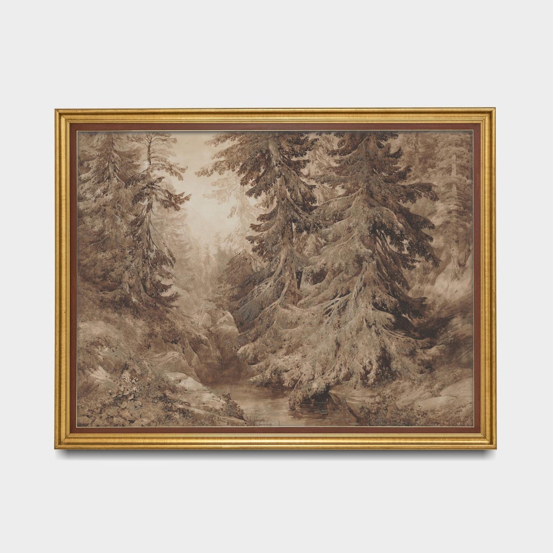 Towering Pines Along a Mountain Stream Vintage Sepia Drawing Poster - Image 5