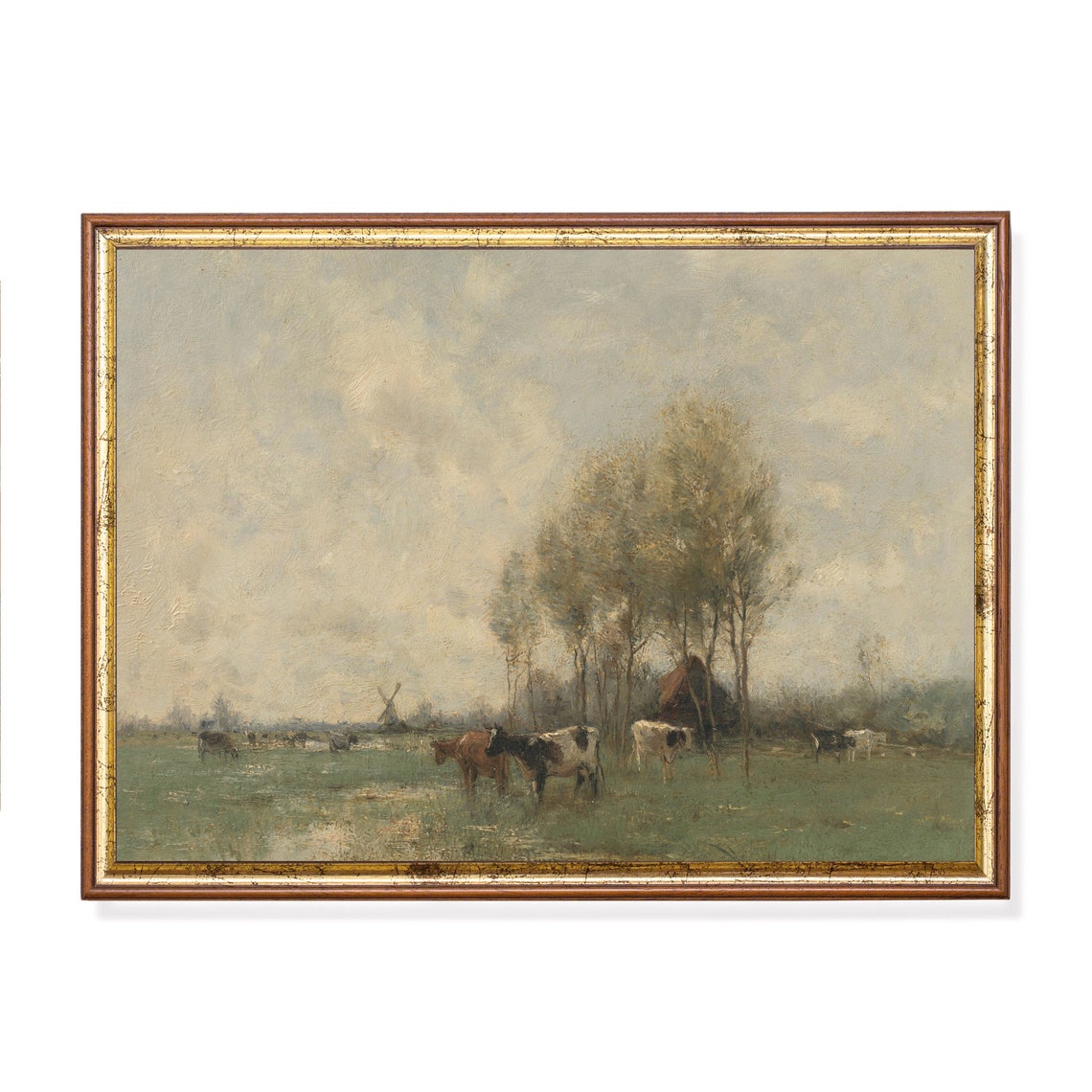 Cows Grazing in a Misty Meadow Near a Windmill Antique Dutch Poster