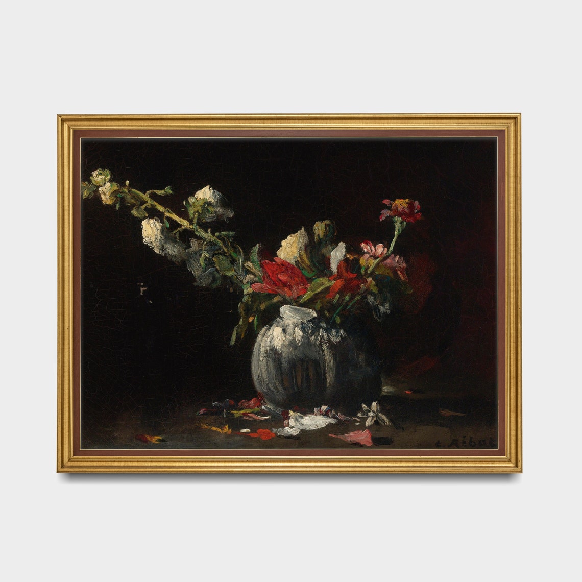 White Vase With Red And White Flowers On Black Still Life Poster - Image 4