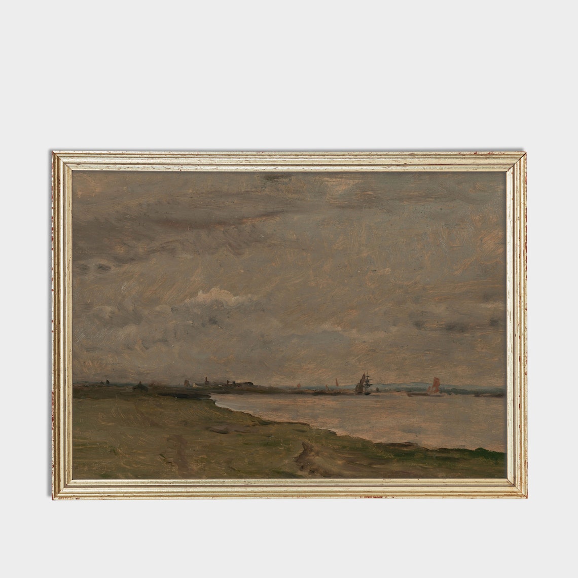 Tonal River Estuary Distant Ships Vintage Landscape Painting Poster - Image 2
