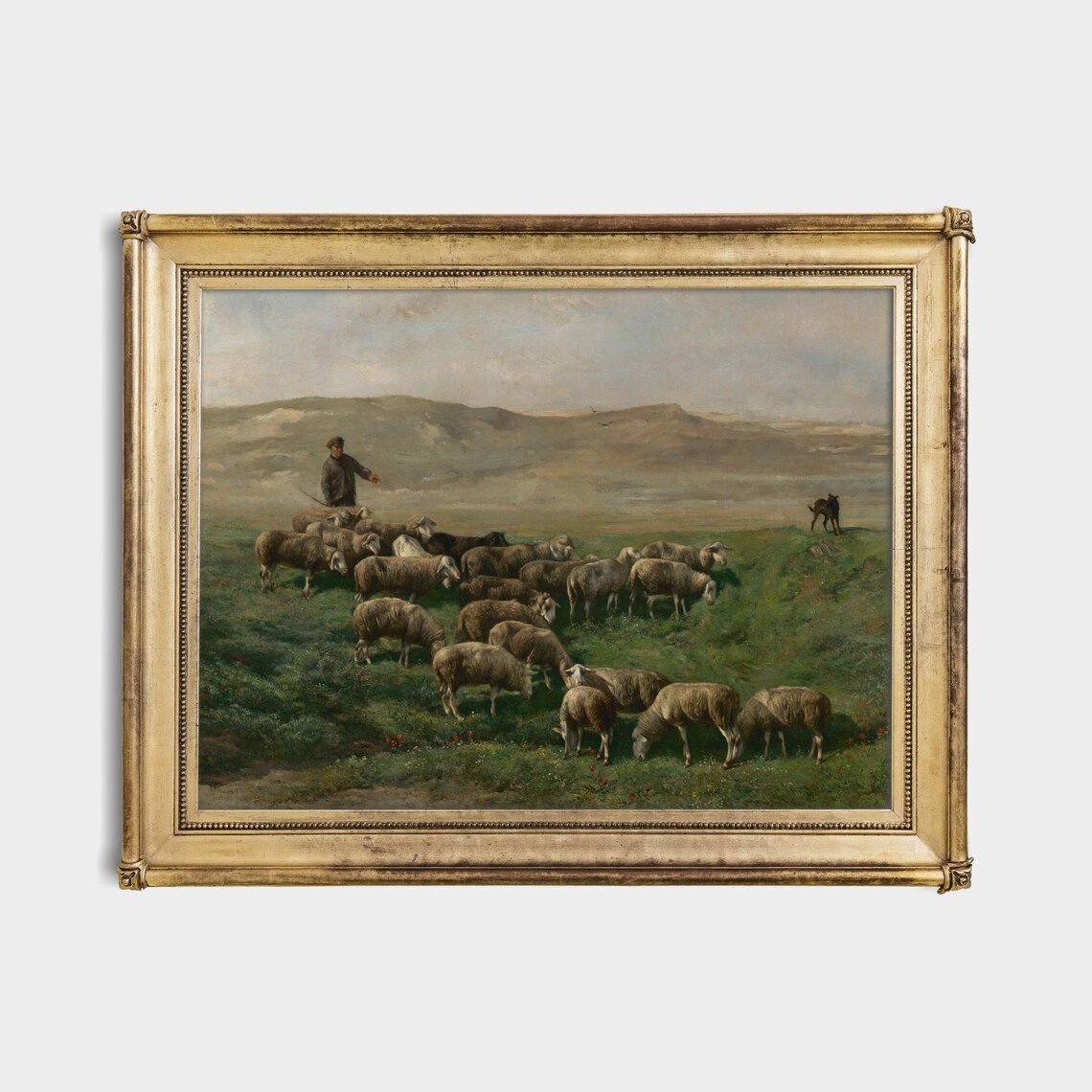 Shepherd Guiding Sheep On Hills Vintage Pastoral Painting Poster - Image 4