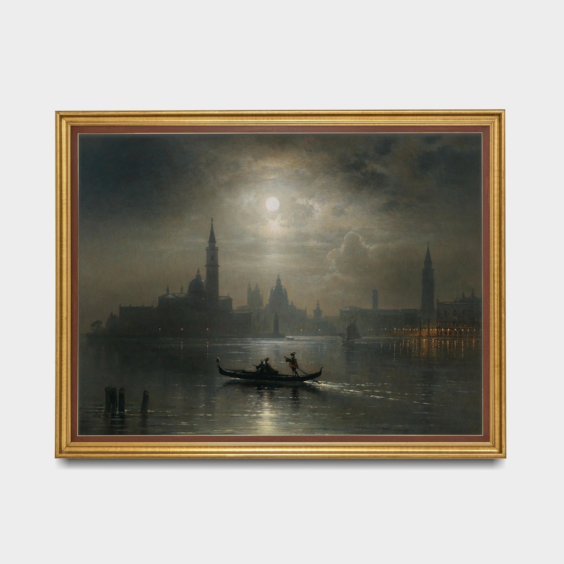 Venice Lagoon Under Full Moon Vintage Gondola Night Painting Poster - Image 3