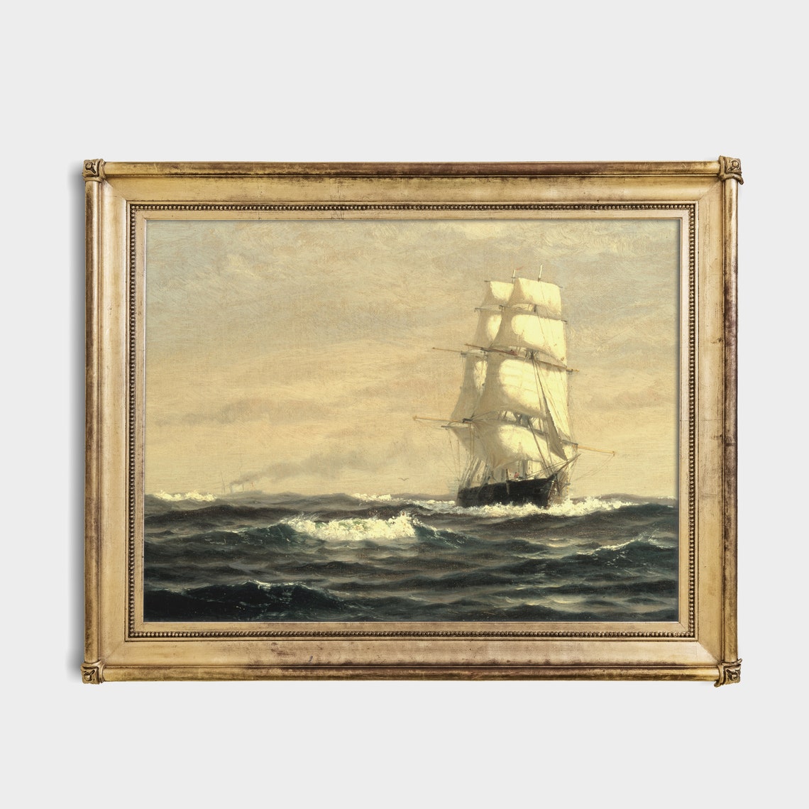 Vintage Seascape Painting Antique Ocean Beach Print Sailing Ship Moody Rustic Nautical Decor Wall Art - Image 4