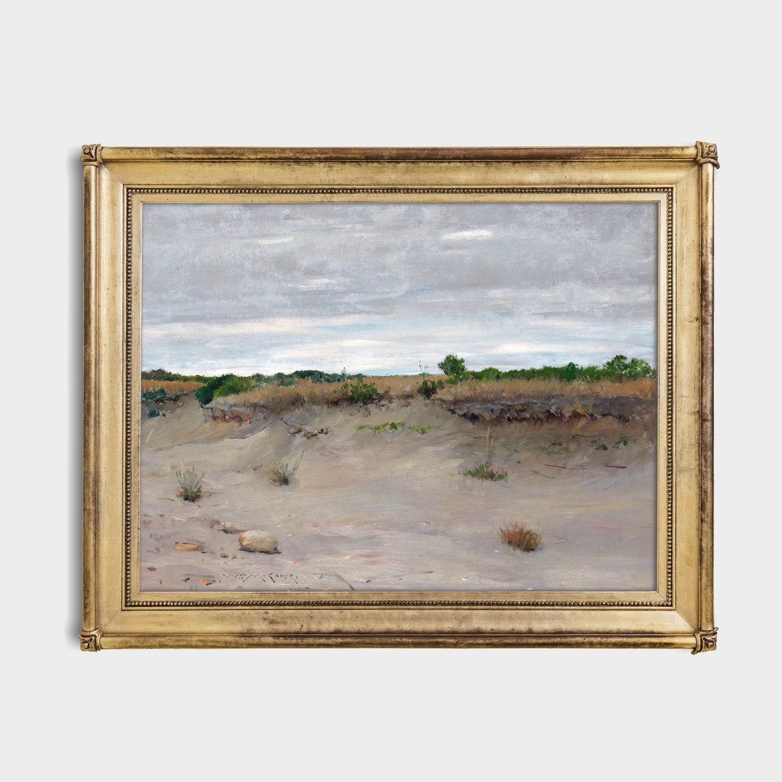 Windswept Pale Sand Dunes Under a Cloudy Grey Sky Vintage Poster - Image 2