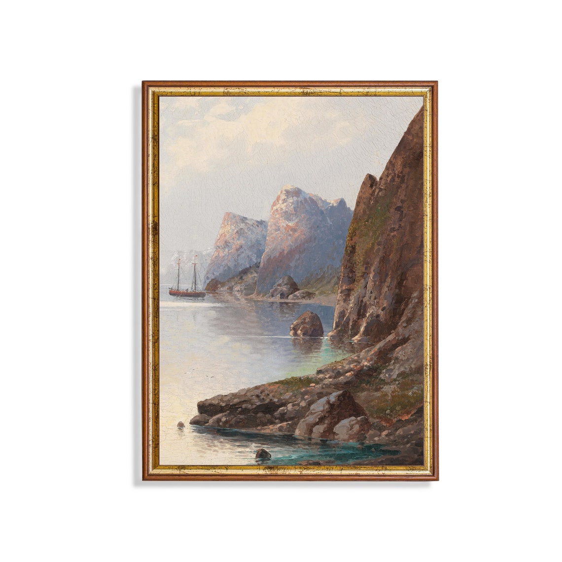 Sailboat on Still Waters Beneath Towering Rocky Cliffs Poster
