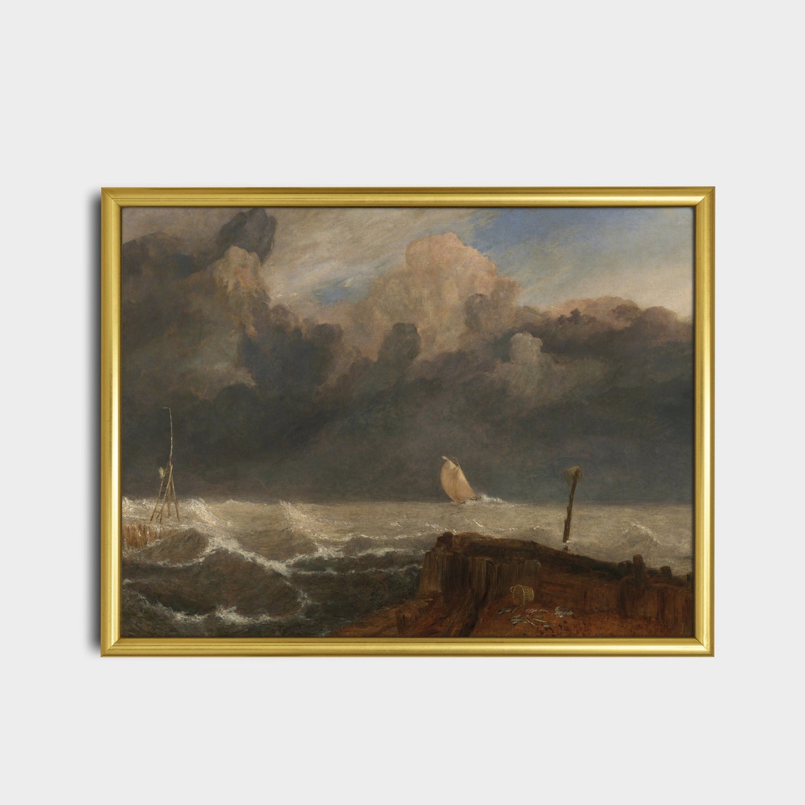 Storm Tossed Sailboat Antique Dramatic Seascape Painting Poster - Image 2