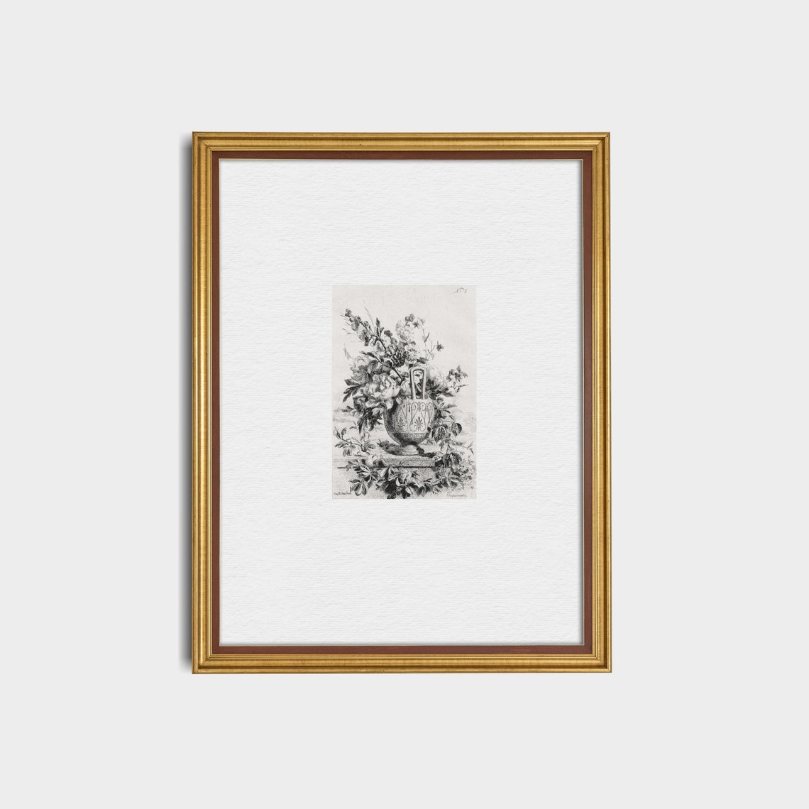 Black and White Floral Etching of Flowers in an Urn Vintage Art Print - Image 2