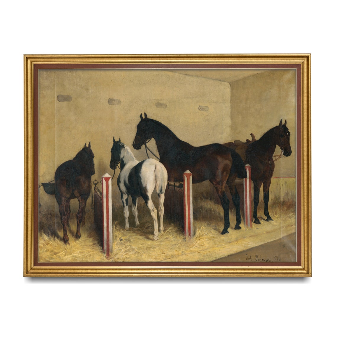 Four Horses in Sunlit Stable Interior Vintage Equestrian Group Poster - Image 5