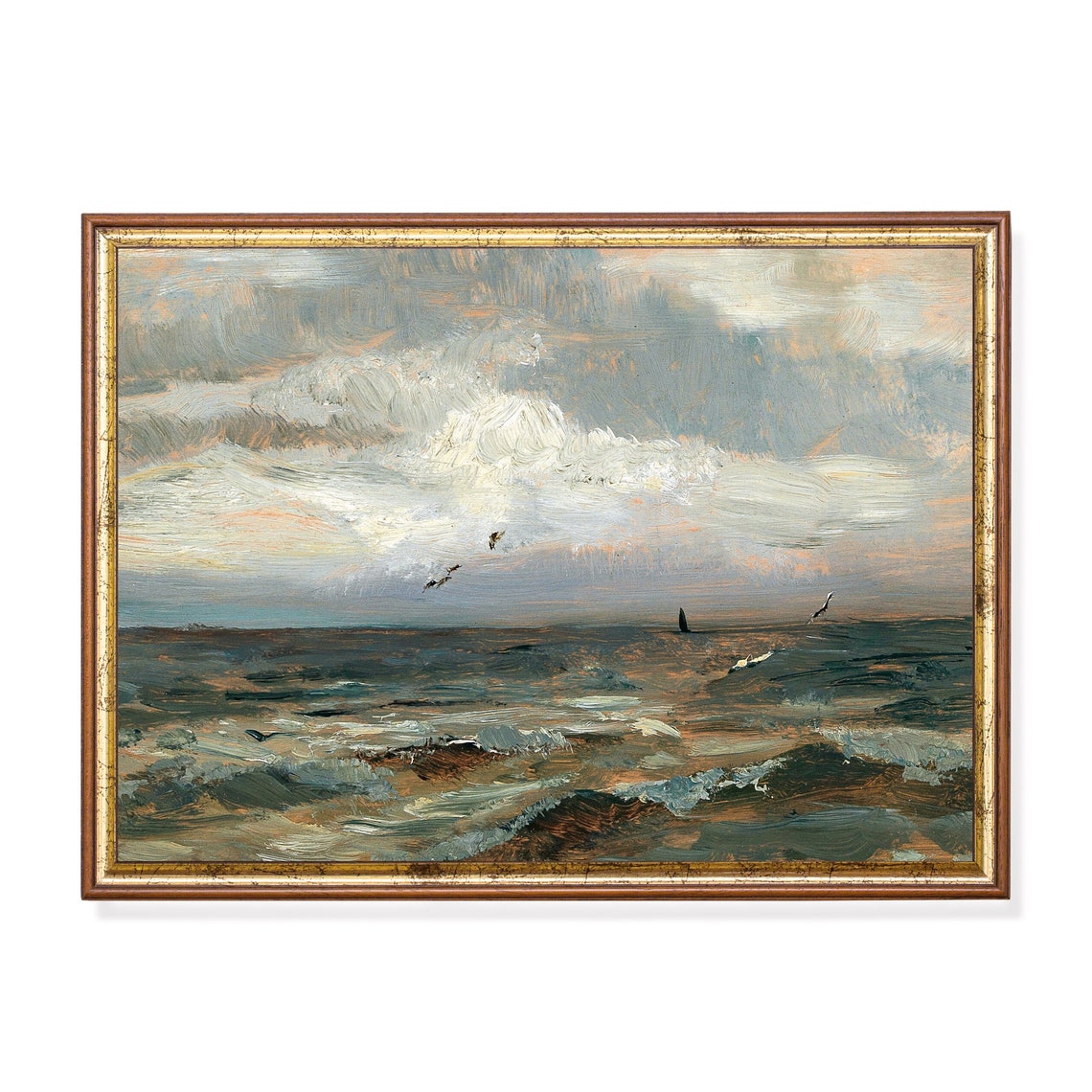 Moody Ocean Waves Seagulls Impressionist Vintage Seascape Poster