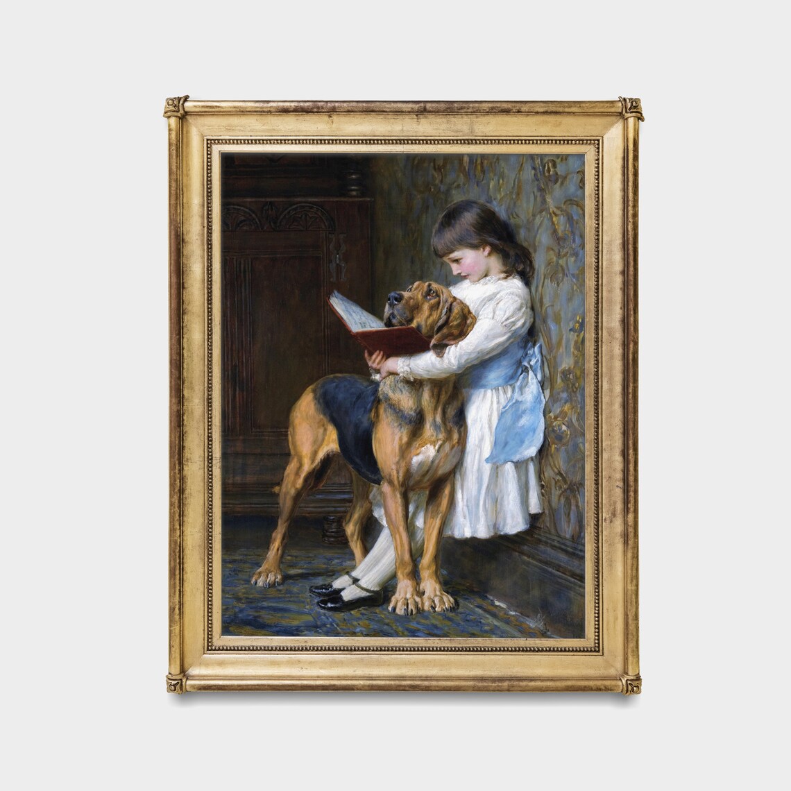 Vintage Young Girl With Dog And Book, Rustic Art Print - Image 2