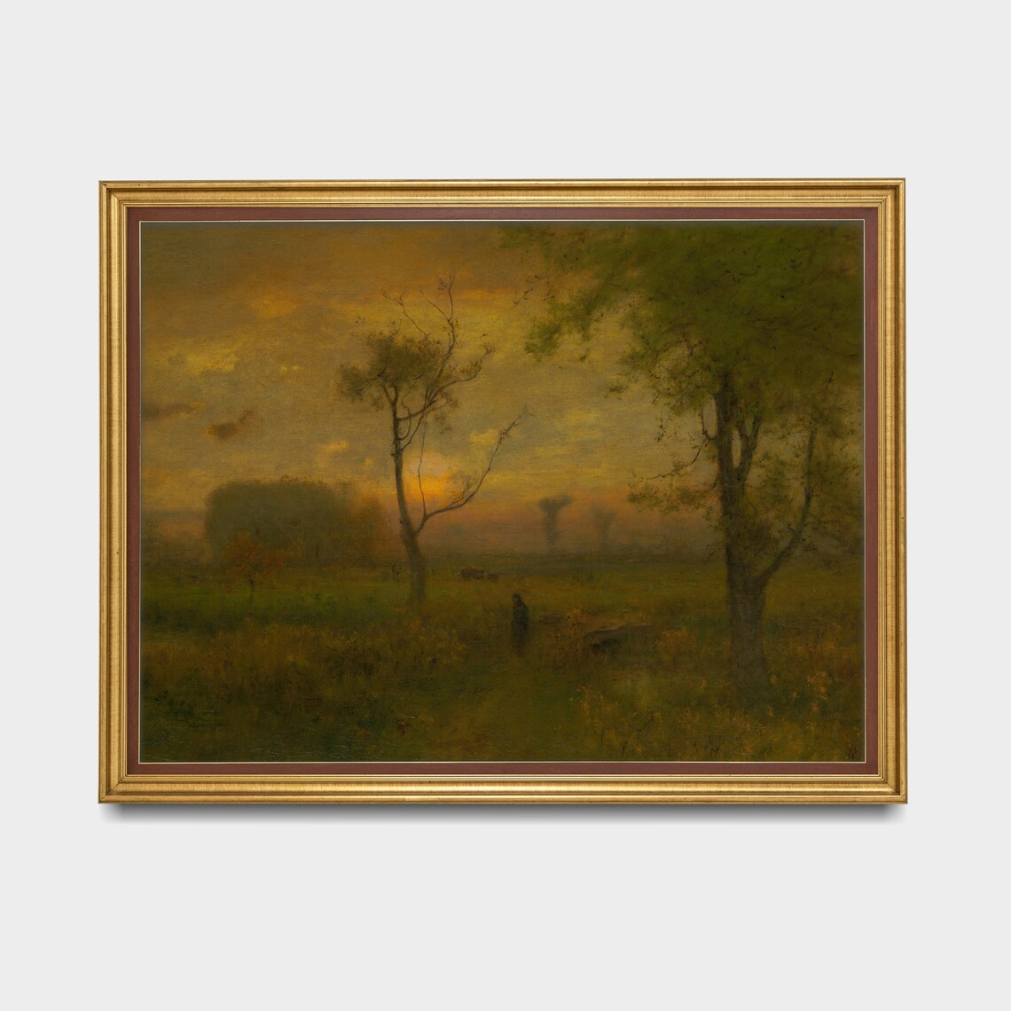 Golden Sunset Over a Meadow With a Lone Figure Vintage Poster - Image 3