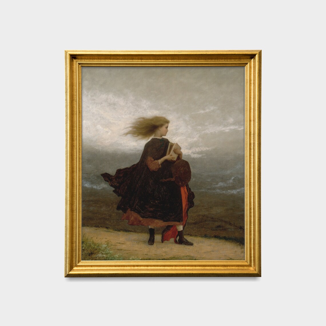 Windswept Schoolgirl Crossing a Moor Antique Painting Poster - Image 2