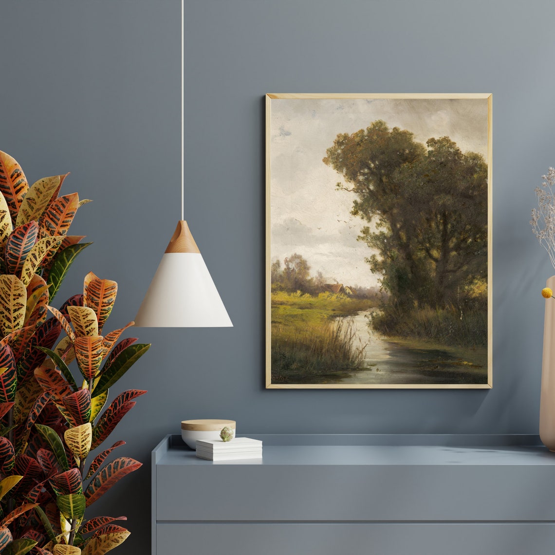River Winding Past Reeds Under Tall Trees Vintage Landscape Poster - Image 2