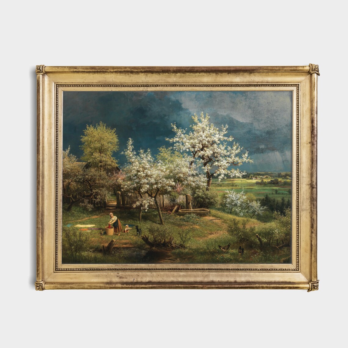 Spring Farmyard Blossoming Trees Vintage Country Scene Painting Poster - Image 2