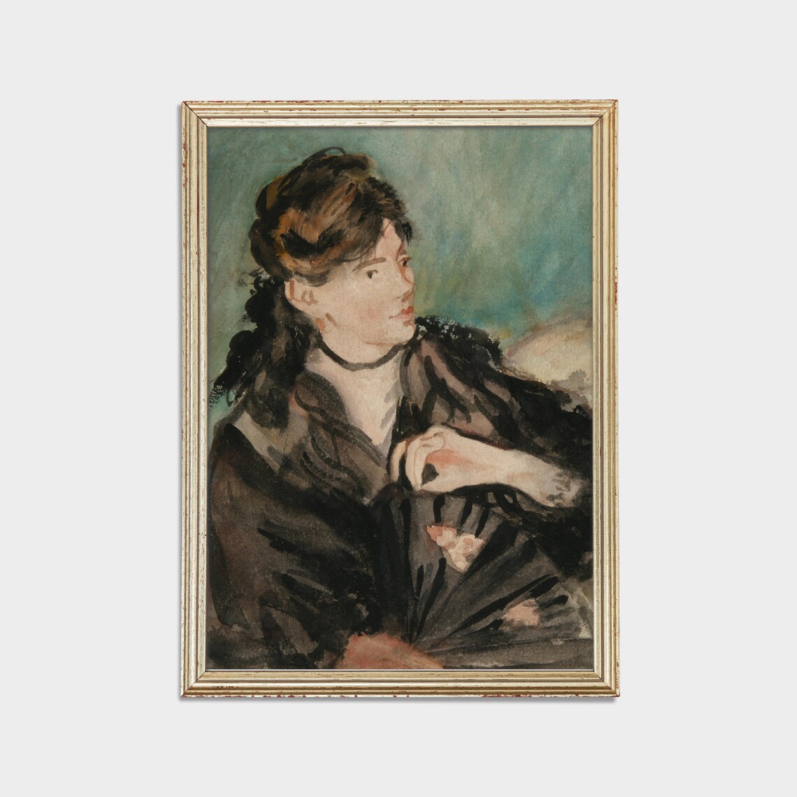Young Woman Holding a Fan Antique Watercolor Portrait Poster - Image 2