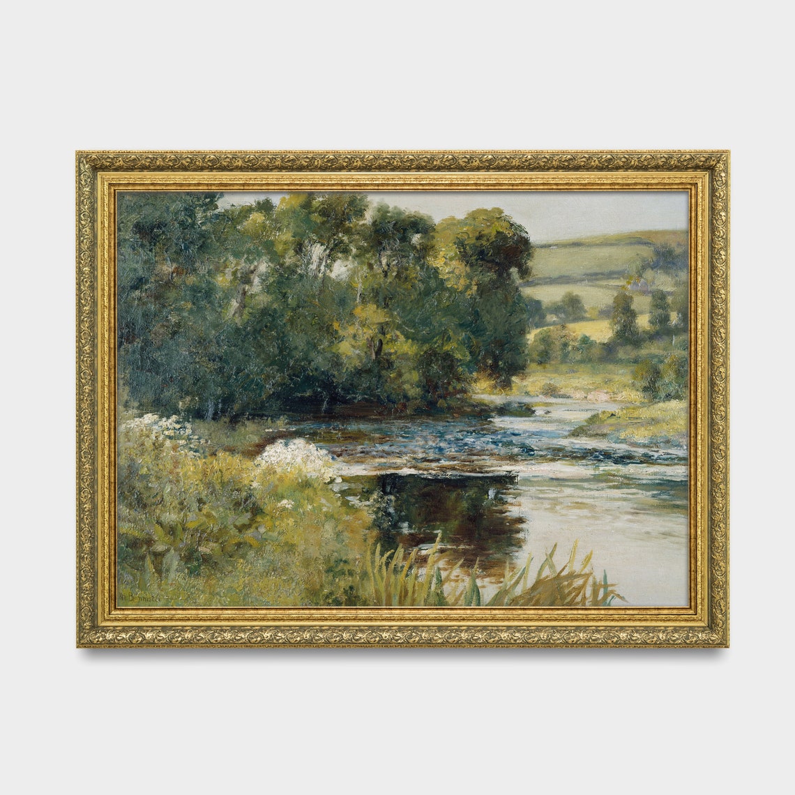 Sunlit Vintage River Through Trees Landscape Painting Poster - Image 3