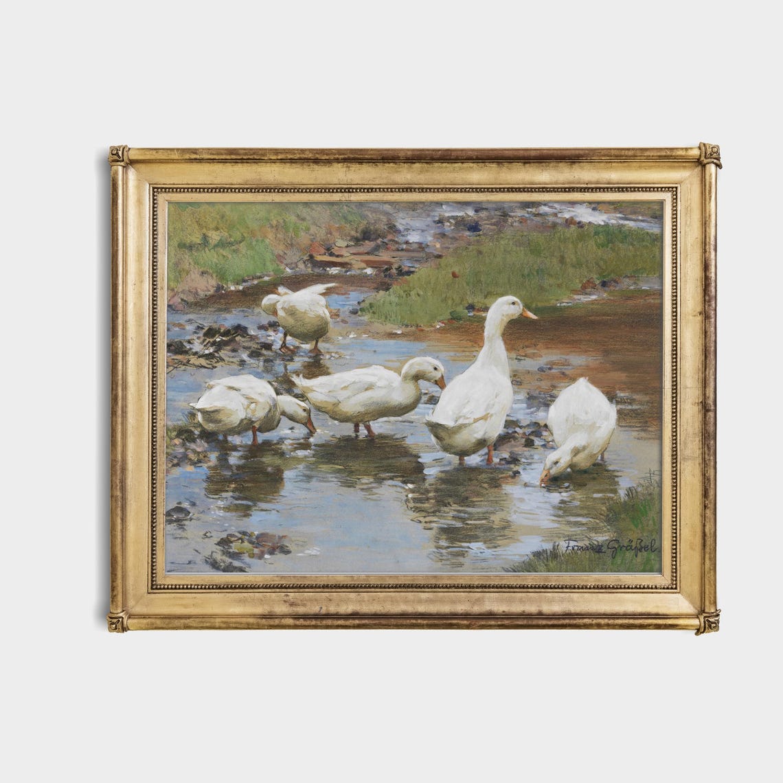 White Ducks Drinking at a Stream by Franz Grässel Vintage Poster - Image 4