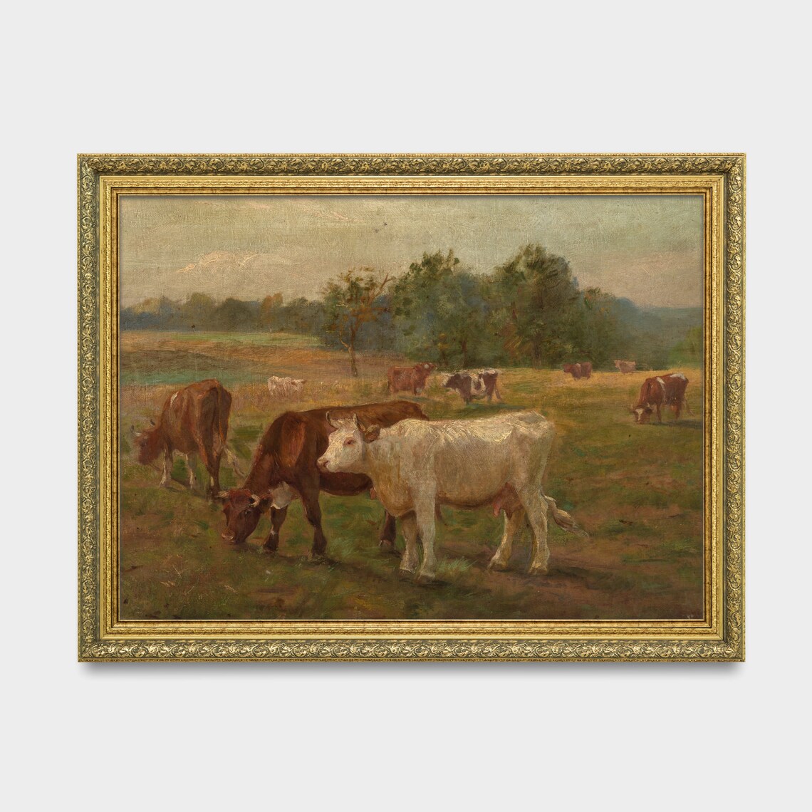 Cows Grazing Peacefully in a Sunlit Pasture Meadow Antique Art Poster - Image 2